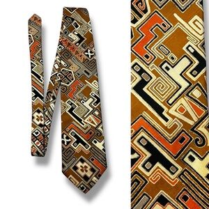 Vintage 70s Penneys Towncraft Neck Tie Wide Mod Geo Print Aztec MCM Earthtones